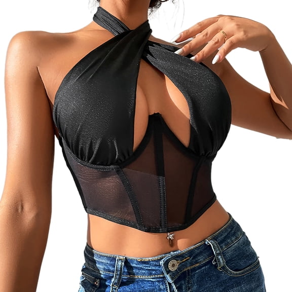 Yokua Women's Criss for Cross Halter Tops Wrap Crop Top Sexy Backless Mesh Tops