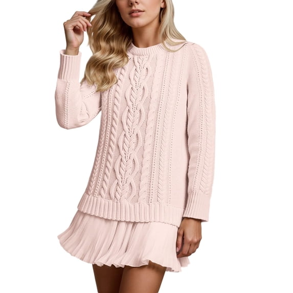 Yokua Women's Elegant Long Sleeve Crew Neck Cable Knit A Line Chiffon Sweater Dress