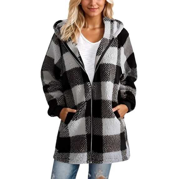 Yokua Women's Flannel Zipper Coat Long Sleeve Plaid Pocket Coat