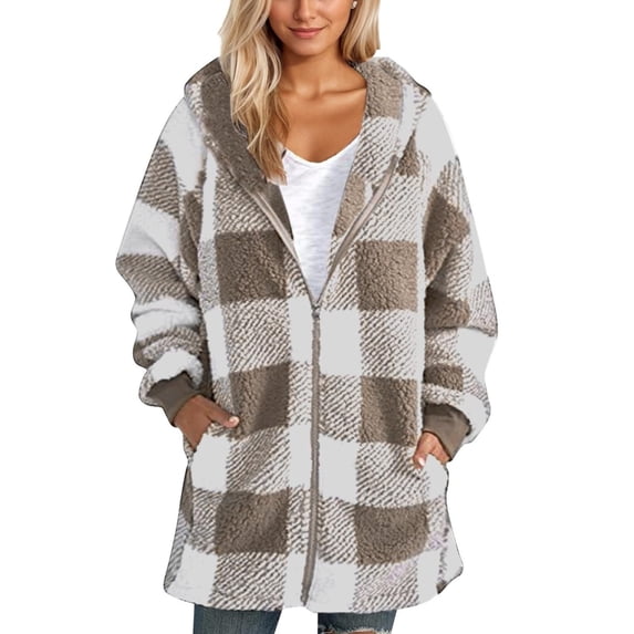 Yokua Women's Flannel Zipper Coat Long Sleeve Plaid Pocket Coat
