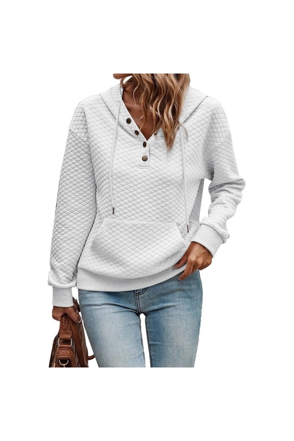 Women's Hoodies Casual Long Sleeve Quilted Half Button Drop Shoulder Pullover Tops Loose Drawstring