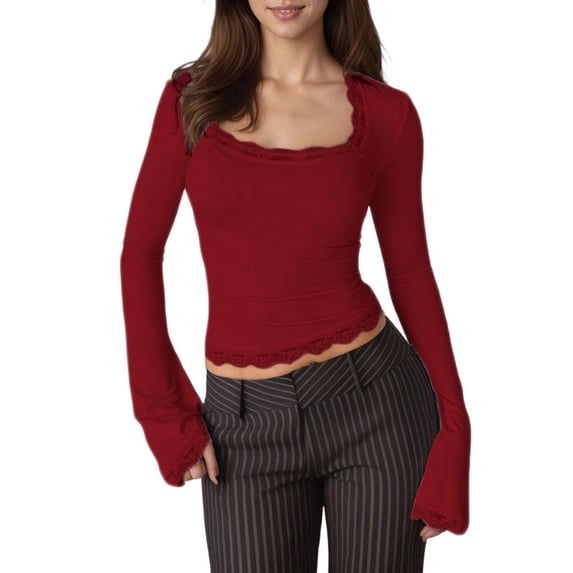 Yokua Women's Lace-trimmed Square Neck Flared Long Sleeve Cropped Midriff T-Shirt with Lace Trim - Slim Fit for Outings