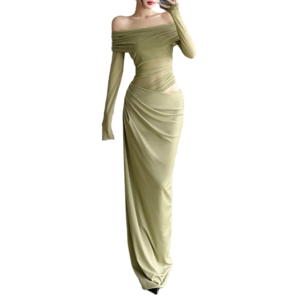 Yokua Women's Long Sleeve Off Shoulder Ruched See Through Mesh Wrap Hip Maxi Dress