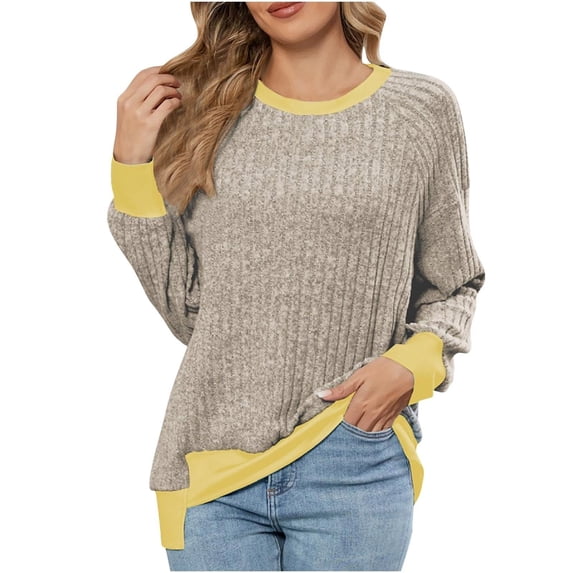 Yokua Women's Loose Long Sleeve Crew Neck Colorblock T-Shirt Casual High-Low Hem Ribbed Knit Top