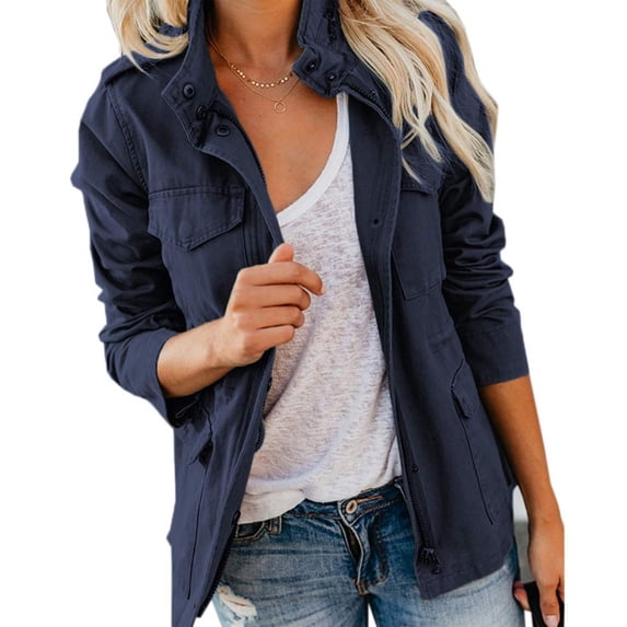 Yokua Women's Military Windbreaker Jacket Zipper Snap Button Parka Hunting Utility Coat with Pockets