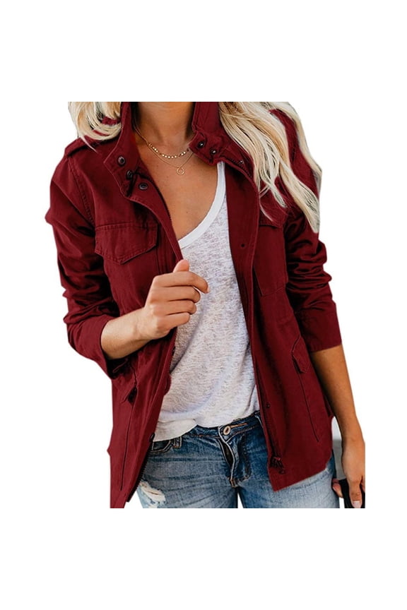 Women's Military Windbreaker Jacket Zipper Snap Button Parka Hunting Utility Coat with Pockets