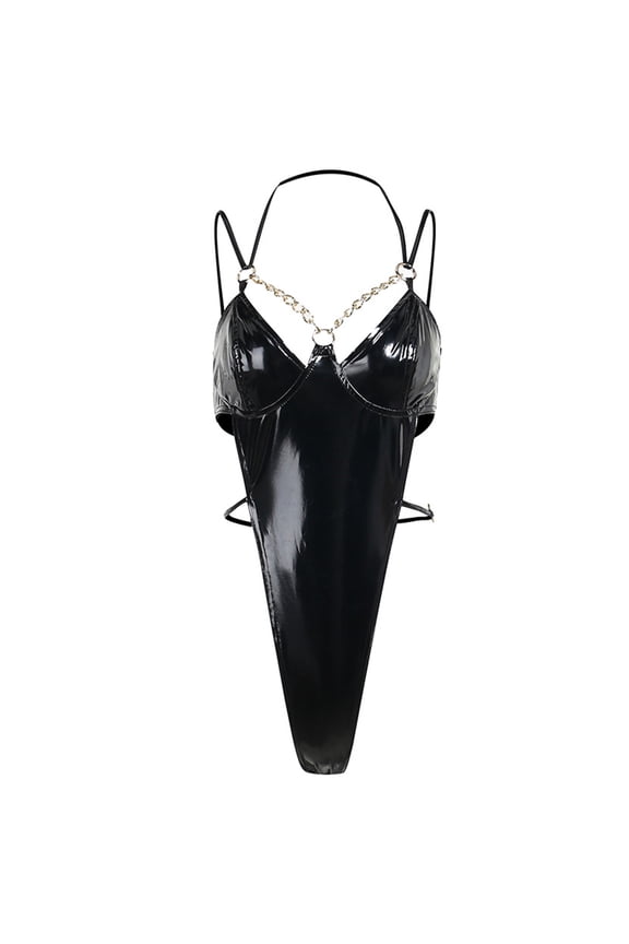 Women's One Piece Bodysuit Punk Deep V Neck Chain Jumpsuit PU Leather Catsuit