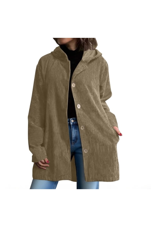 Women's Oversized Corduroy Hooded Coat, Lightweight Casual Fall Button Jacket Loose Comfy Fashion Outfits with Pockets