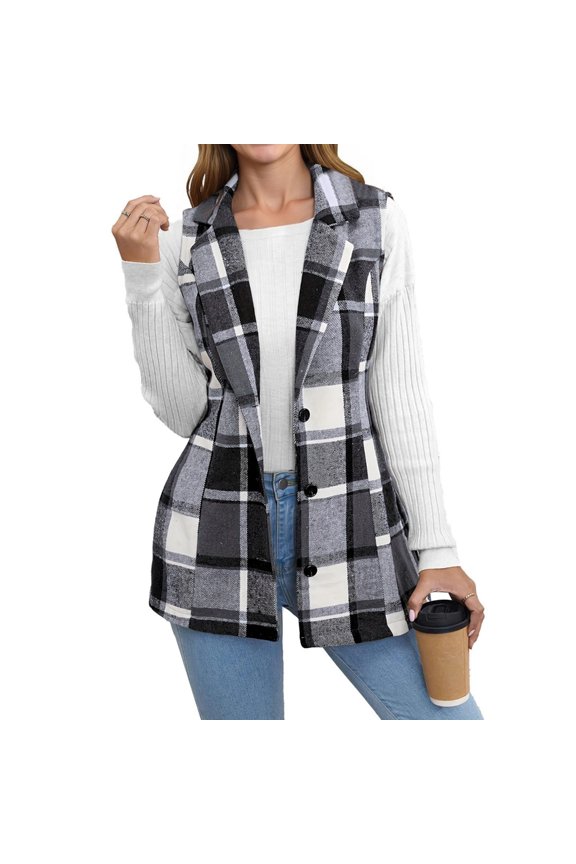 Women's Plaid Vest Christmas Cardigan Winter Fall Flannel Vest Sleeveless Blazer Jacket Long Shacket Vest