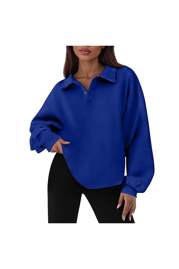 Women's Reverse-Seamed Henley Snap-Neck V-Neck Casual Loose High-Low Slit Pullover