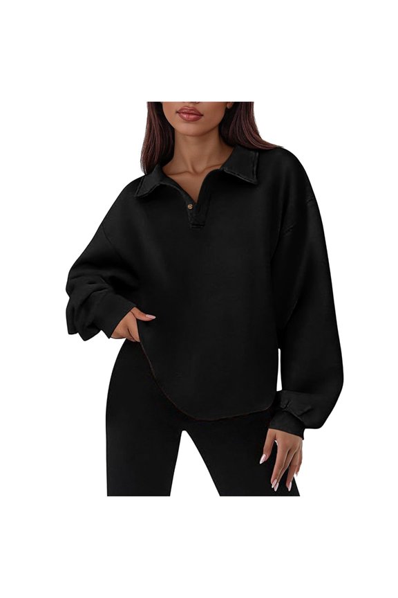 Women's Reverse-Seamed Henley Snap-Neck V-Neck Casual Loose High-Low Slit Pullover