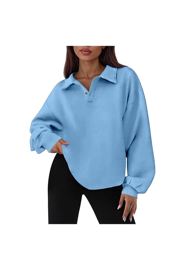 Women's Reverse-Seamed Henley Snap-Neck V-Neck Casual Loose High-Low Slit Pullover