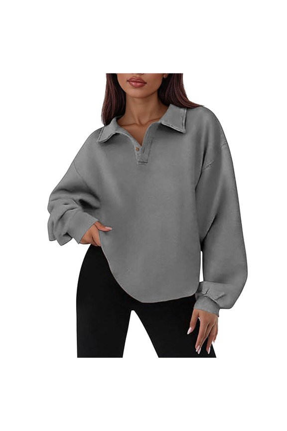 Women's Reverse-Seamed Henley Snap-Neck V-Neck Casual Loose High-Low Slit Pullover