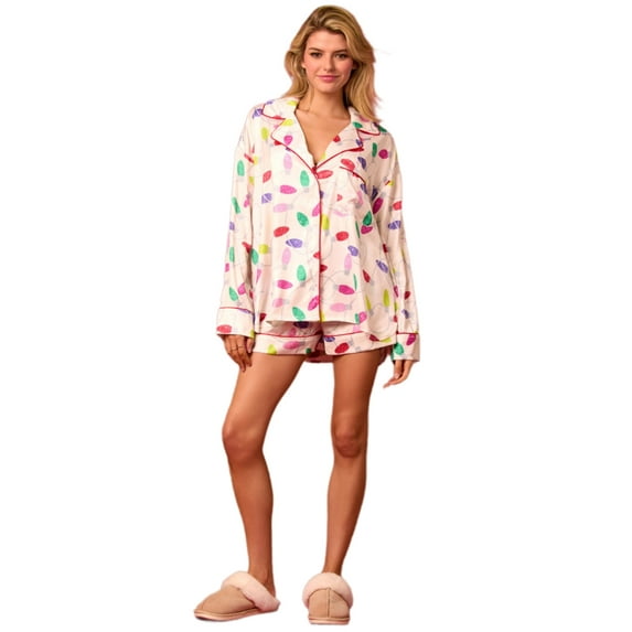 Yokua Women's Silk Satins Pajama Set Christmas Sleepwear Long Sleeve Top with Shorts