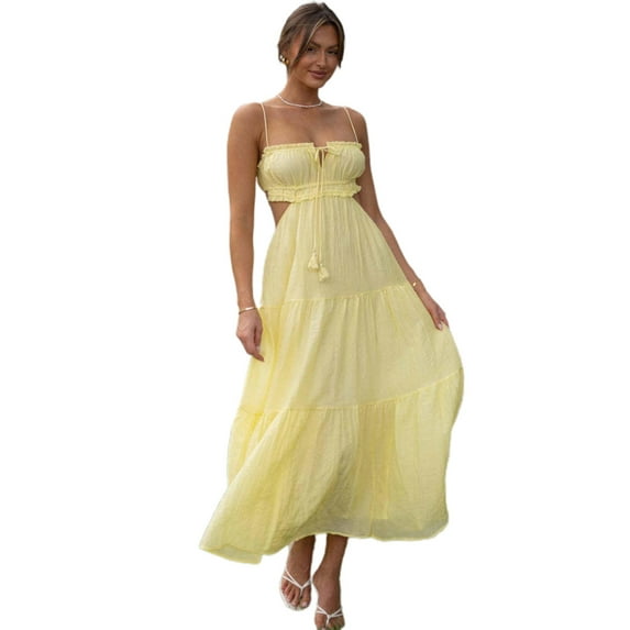 Yokua Women's Summer Square Neck Tie Back Maxi Dress Halter Ruffle Hem Long Dresses