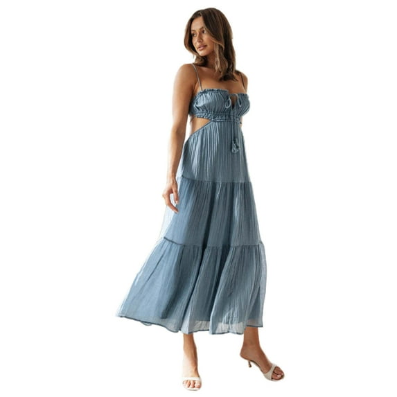 Yokua Women's Summer Square Neck Tie Back Maxi Dress Halter Ruffle Hem Long Dresses