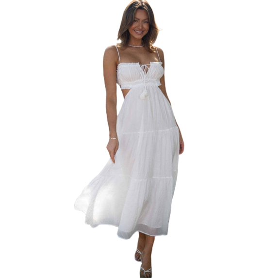 Yokua Women's Summer Square Neck Tie Back Maxi Dress Halter Ruffle Hem Long Dresses