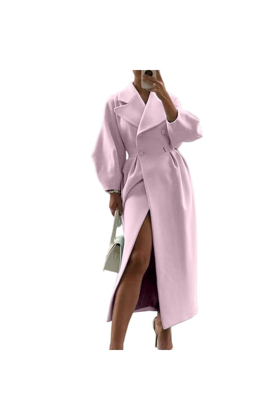 Women's double-breasted long pea coat with lapel, lantern sleeves, extra-long trench coat, autumn and winter wool blend outerwear