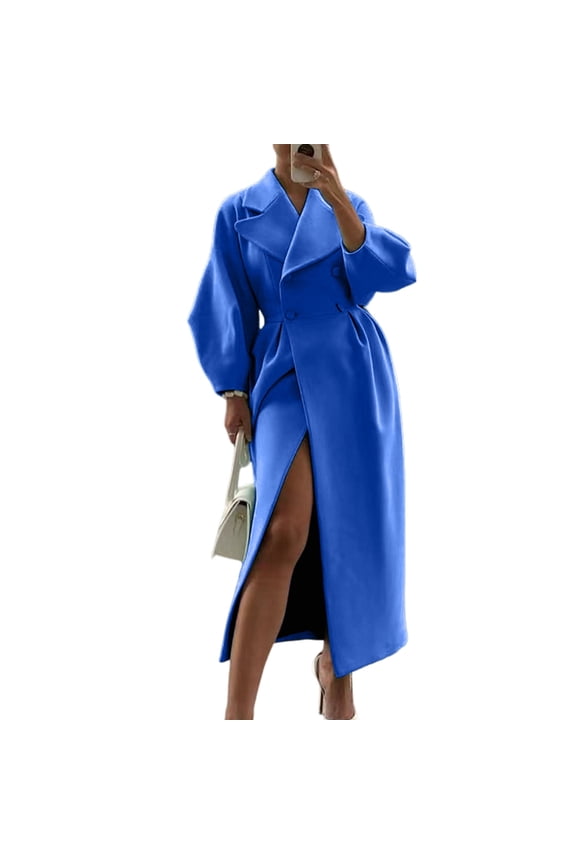 Women's double-breasted long pea coat with lapel, lantern sleeves, extra-long trench coat, autumn and winter wool blend outerwear