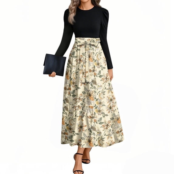 Yokua Women's dress autumn and winter striped patchwork waist slim A-line maxi dress