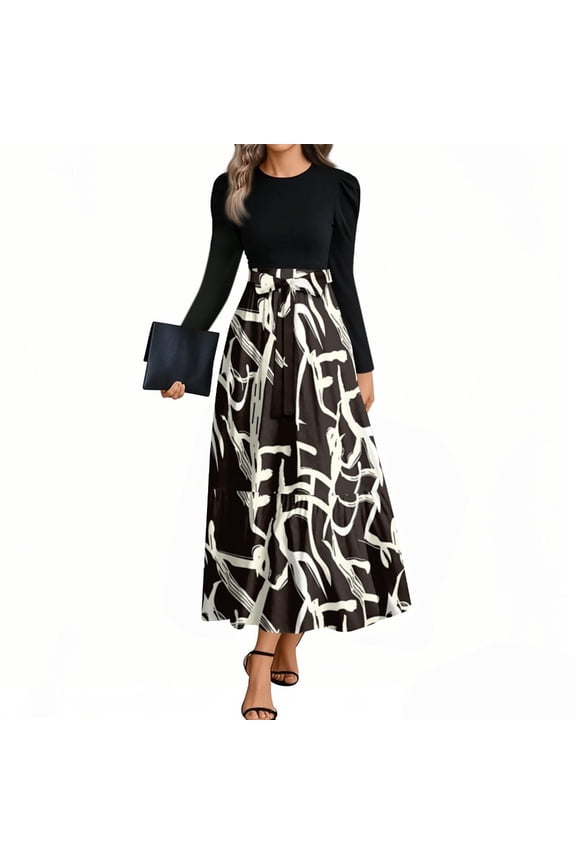 Women's dress autumn and winter striped patchwork waist slim A-line maxi dress