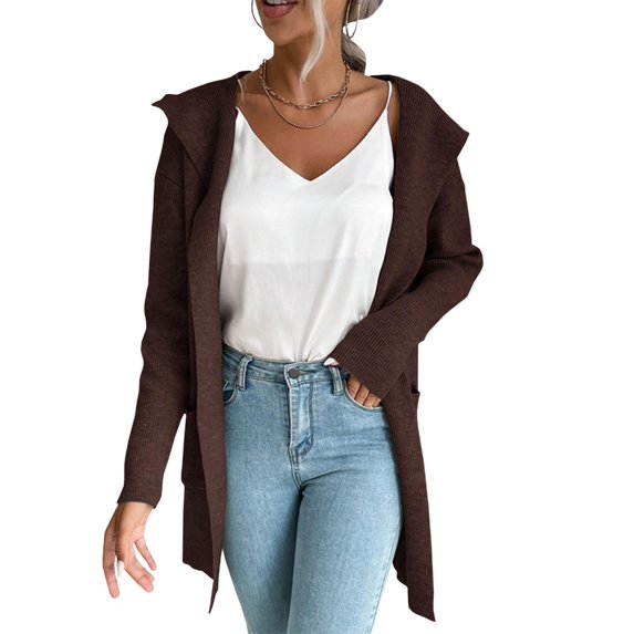 Yokua Women's hooded knit cardigan with dropped shoulders, pockets, comfortable long opening.