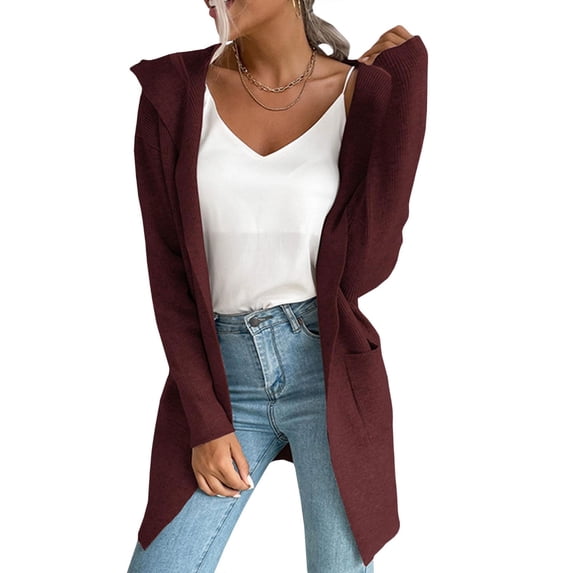 Yokua Women's hooded knit cardigan with dropped shoulders, pockets, comfortable long opening.