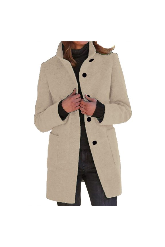 Women's long pea coat, stand collar, single-breasted, wool blend pea coat, thickened