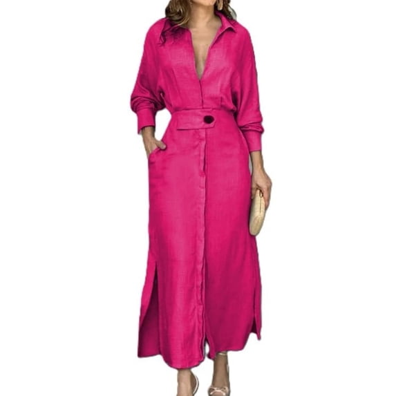 Yokua Women's long-sleeved, high-waisted, ankle-length bohemian-style maxi dress with button belt