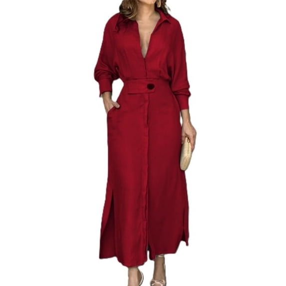 Yokua Women's long-sleeved, high-waisted, ankle-length bohemian-style maxi dress with button belt