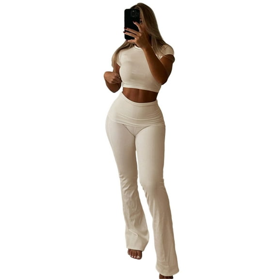 Yokua Womens 2Pieces Outfit Short Sleeve Crop Top Long Pants Trousers Sweatsuits