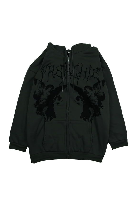 Womens Autumn Long Sleeve Hoodies for Jacket Goth Punk Angel Print Oversized Loose Sweatshirt Harajuku Hip Hop Zip Up Outwear Coat with Pockets