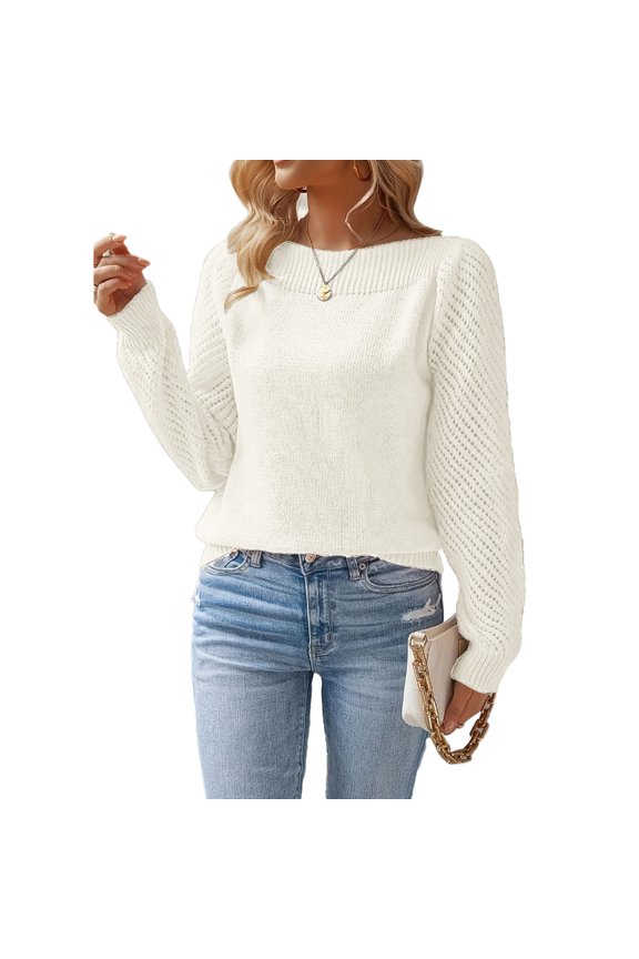 Womens Breathable Crochet Knit Top Ribbed Trim Loose Fit Autumn Casual Wear
