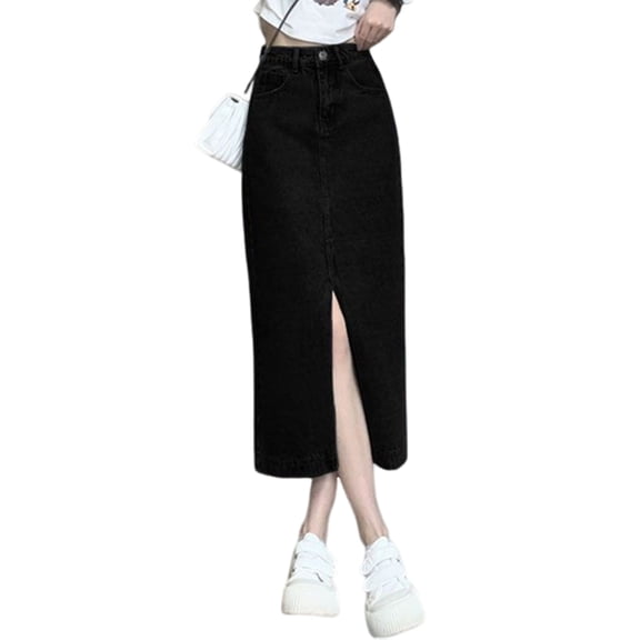 Yokua Womens Button Zippered Jeans Skirt High Waist Split Front A Line Long Skirts