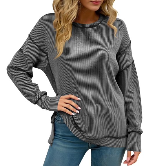 Yokua Womens Long Sleeve Tops Ribbed Loose Fit Oversized Sweatshirts with Side Slit High Low Hem Fall Outfits