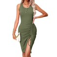 thumbnail image 1 of Yokua Womens O Neck Ribbed Dress Sexy Ruch Slit Tight Cocktail Party Midi Dresses, 1 of 20