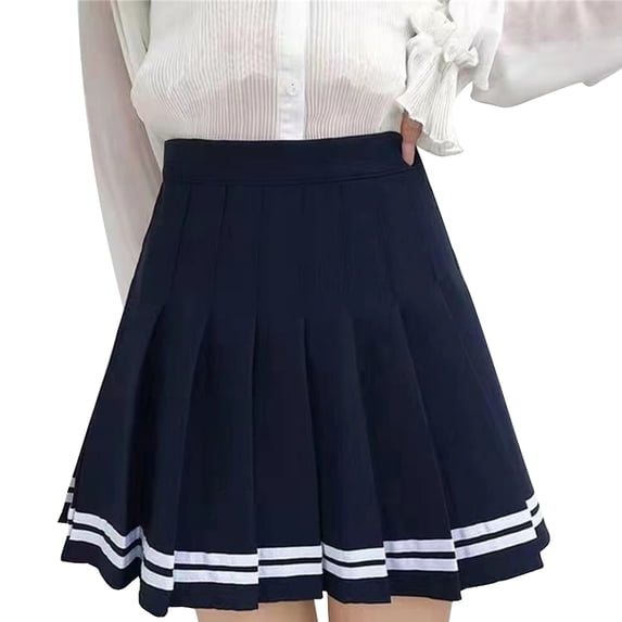 Yokua Womens Pleated Hem High Waist Double Striped Print Pleated A-Line Mini Skirt