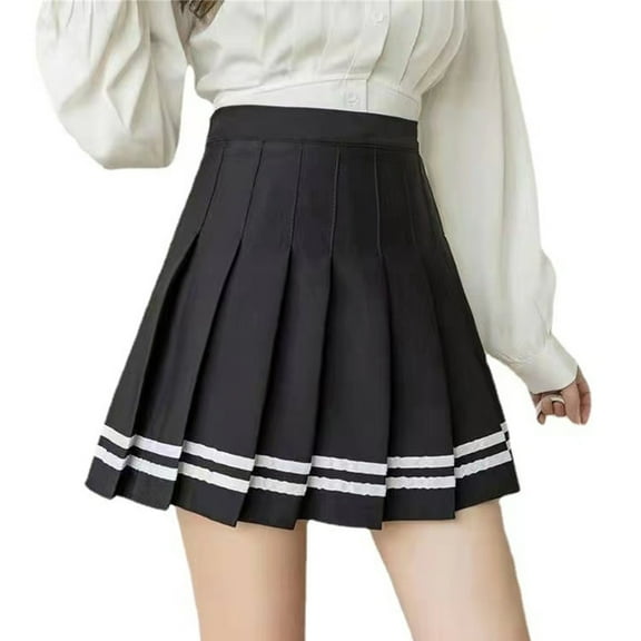 Yokua Womens Pleated Hem High Waist Double Striped Print Pleated A-Line Mini Skirt