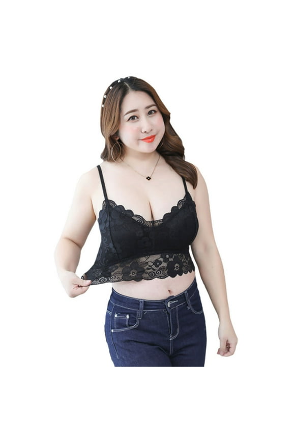 Womens Plus Size Sexy Deep V-Neck Crop Top Seamless Scalloped Sheer Floral Lace