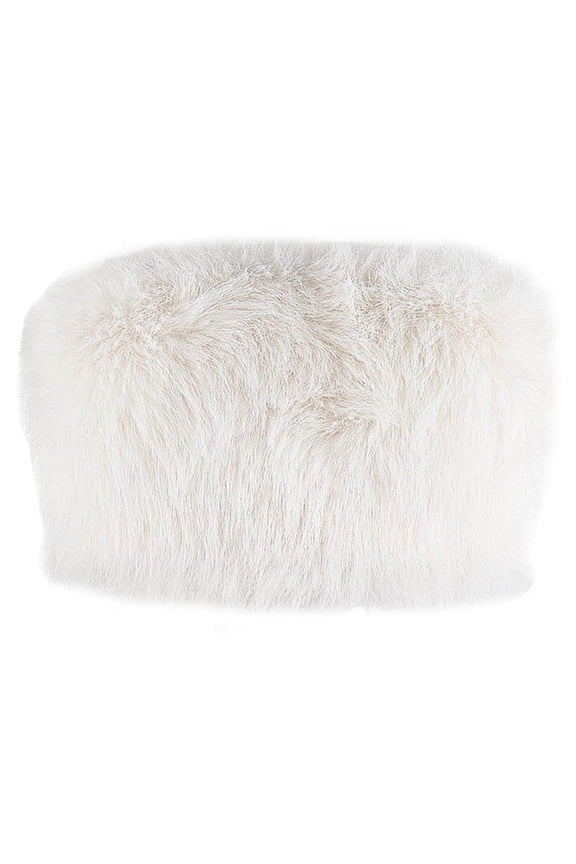 Womens Sexy Furry Faux Fur Strapless Crop Tube Top Zipper Back Fluffy Bandeau