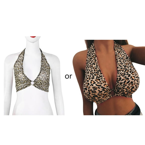Yokua Womens Sexy Plunging Deep V-Neck Bralette Halter Wide Strap Leopard Backless Cro