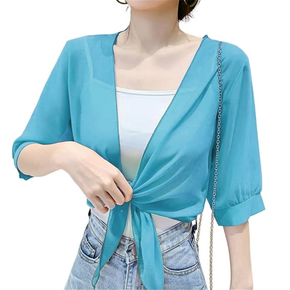Yokua Womens Short Sleeve Sheer Meshes Shrug Tie Front Cropped Boleros Cardigans