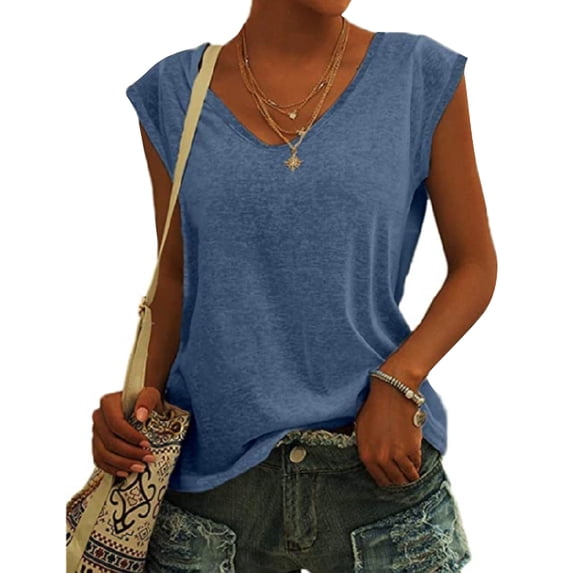 Yokua Womens Summer Cap Sleeve Tank Top V-Neck Solid Color Casal Loose Fit T-Shirts