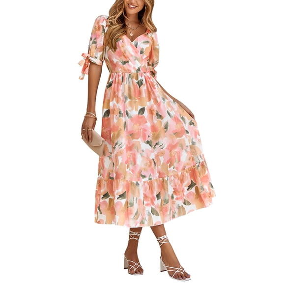 Yokua Womens Tie-Knot Puff Sleeve Wrap V-Neck Floral Print A-Line Ruffle Midi Dress