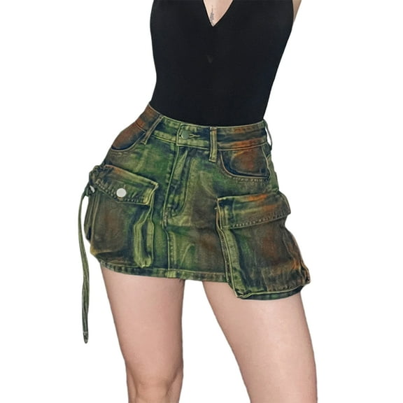 Yokua Womens Vintage High Waist Washed Jeans Mini Cargo Skirt with Irregular Pockets