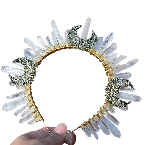 Yokua for Raw Crystal Quartz Jewelry Tiara Headband Metal Moon Witch Wizard Crown Hair