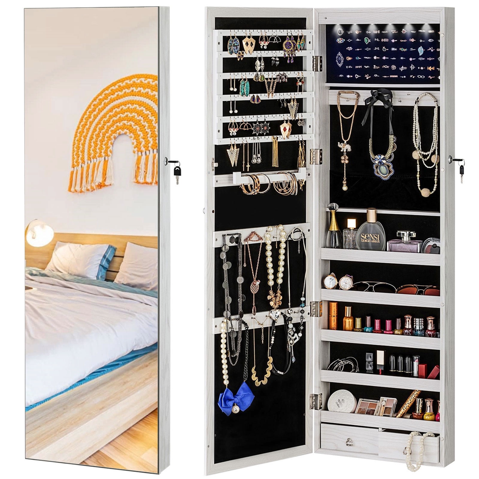 Yokukina Wall Mount Armoire, Ivory Jewelry Organizer with LED Lights ...