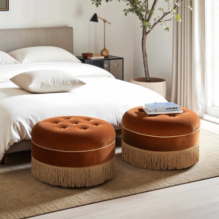 Yolanda 24" Round Upholstered Accent Ottoman Burnt Orange Performance Velvet