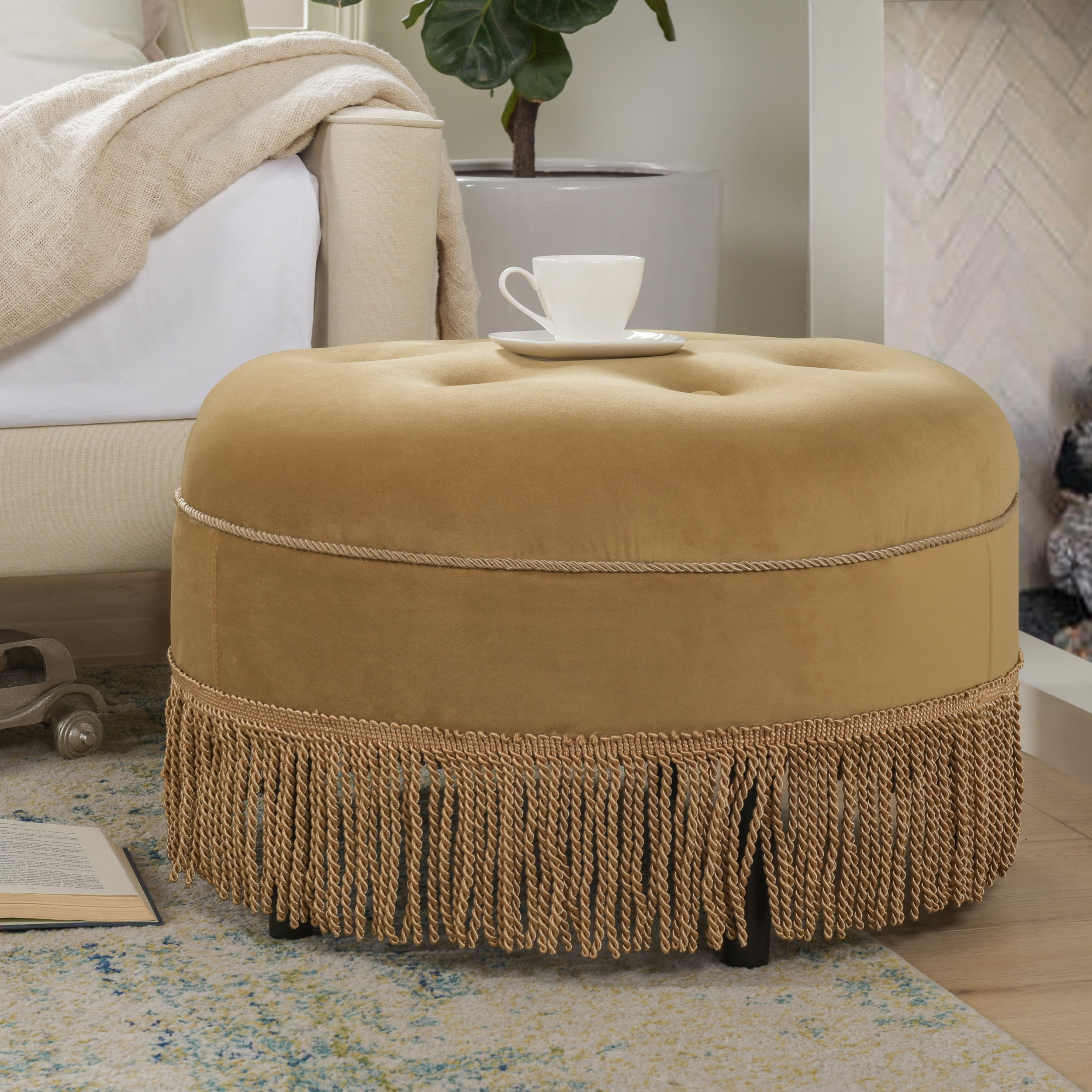 Yolanda 24" Round Upholstered Accent Ottoman,Gold Yellow Velvet with ...