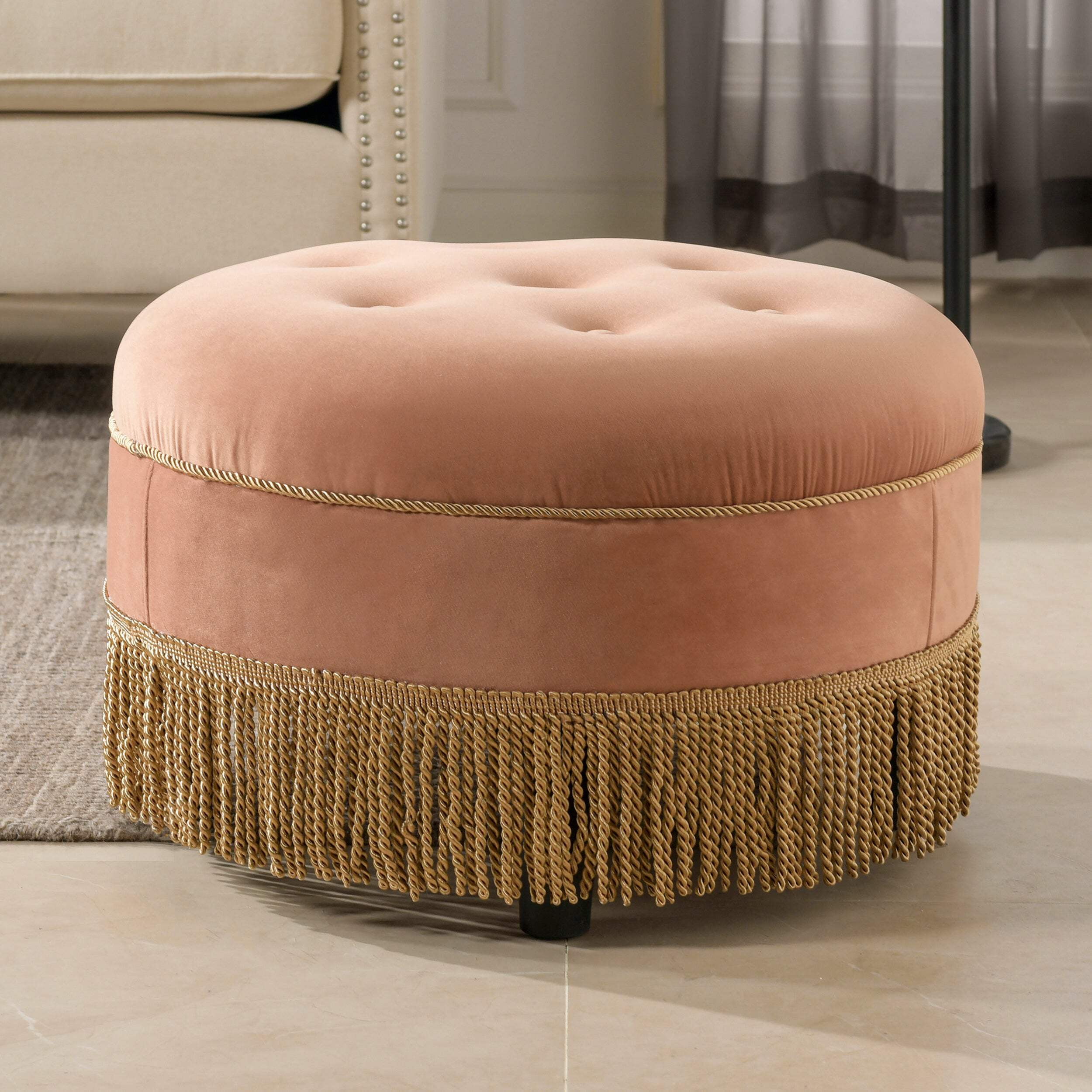 Yolanda 24" Round Upholstered Accent Ottoman, Peach Orange Velvet With ...